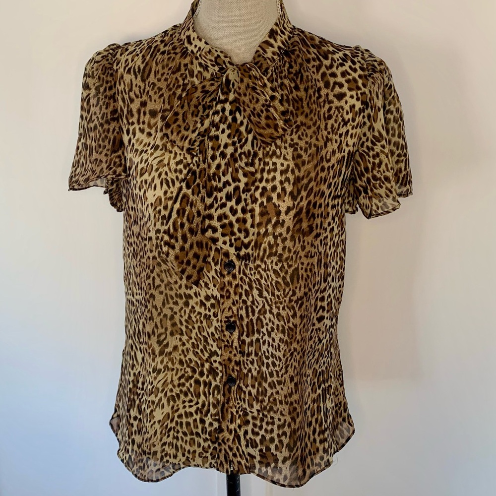 Nicolette leopard ruffle sleeve button down shirt with neck tie